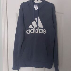 Adidas hoodie men's size large. Bluish gray with Adidas printed all over.